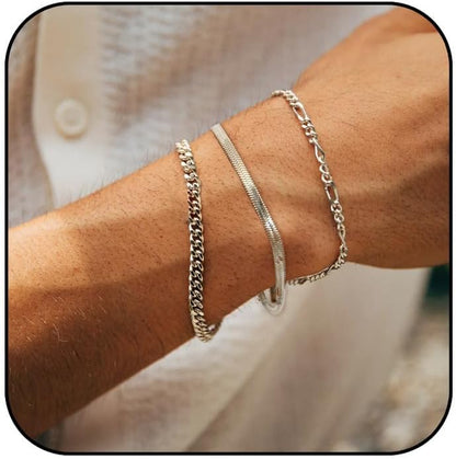 3 Stück Herren Silber Armbänder, robustes Curb Edelstahl Breite Schlangenkette Figaro Cuban Armband Set 7/7.8+1.2 Zoll verstellbares Stapel-Silberkettenarmband für Männer