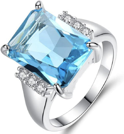 Lzz Vintage Fashion Lady 925 Silver Emerald Cut Blue Aquamarine Gemstone Ring with Diamond Ring Wedding Jewelry Size 5-11, US code 5, Zirconia,Gemstone,Silver, Cubic Zirconia