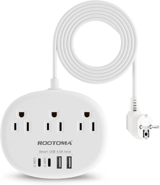 European Travel Plug Adapter with USB C, 3 AC Outlets 4 USB Ports (2 USB-C, 4.8A/24W) Canada to Europe Travel Power Bar for EU Spain France Germany Iceland Greece, 3Ft