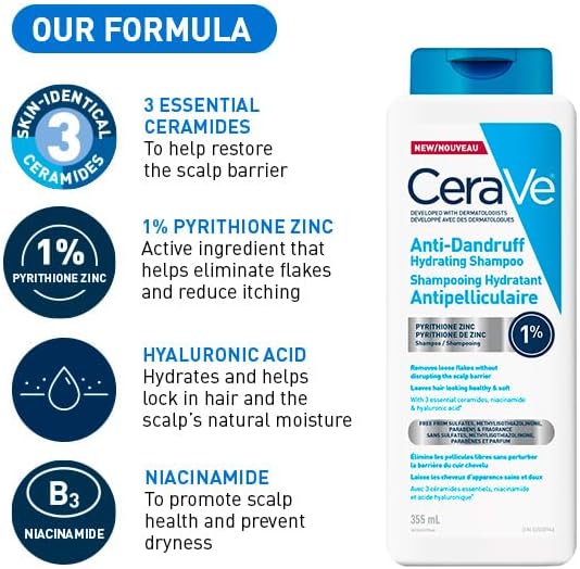 CeraVe Anti-Dandruff Hydrating Shampoo for Men & Women, Gently Cleanses Scalp & Hair While Reducing Flakes, Itchiness, and Irritation, Paraben-Free, Sulfate-Free, Suitable for All Hair Types. 355mL