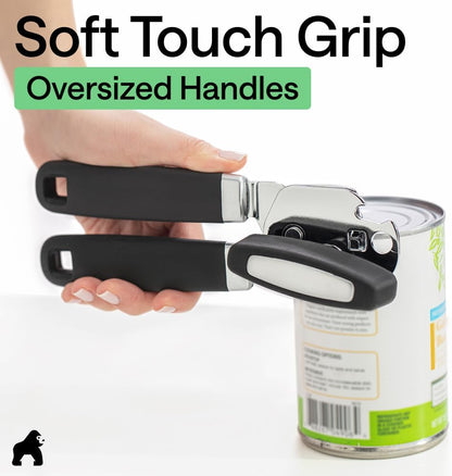 GORILLA GRIP Robuster manueller Dosenöffner, Flaschenöffner aus Edelstahl, öffnet Dosen mühelos, scharfe Klinge mit glattem Schnitt, leicht drehbarer Knopf für Senioren mit Arthritis, Küchenhelfer, Schwarz