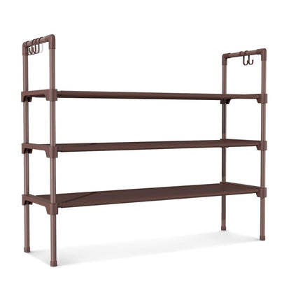 LANTEFUL 3 Tier Shoe Rack for Closet, Shoe Organizer with 5 Hooks, Long Shoe Shelf Storage for Sneaker and Boot Stackable Free Standing Shoe Rack for Entryway, Garage, Small Spaces, Dorm