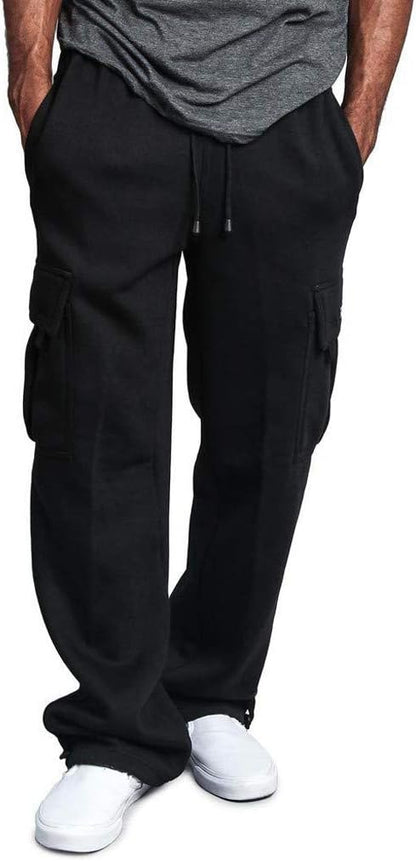 Herren Fleece Cargo Hose Dicke Sweatpants Freizeithose Loose Sports Jogginghose mit Taschen