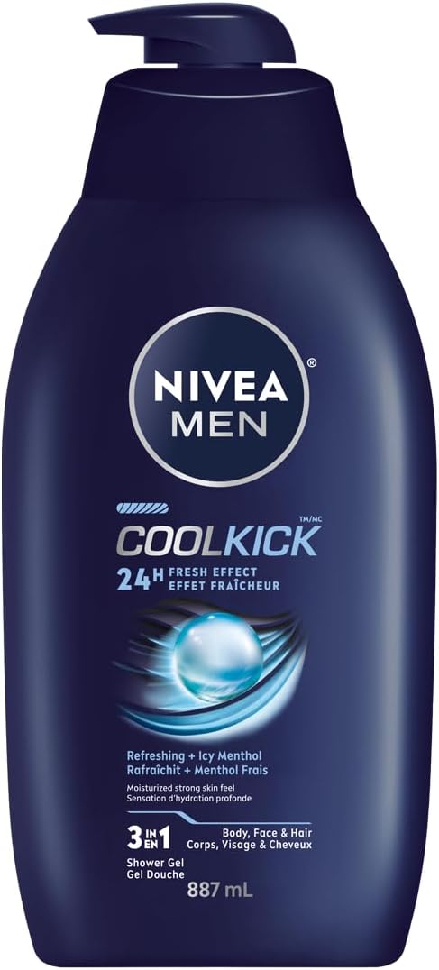 NIVEA MEN Cool Kick Body Wash | Men Shower Gel for Body, Face and Hair, 887 ml