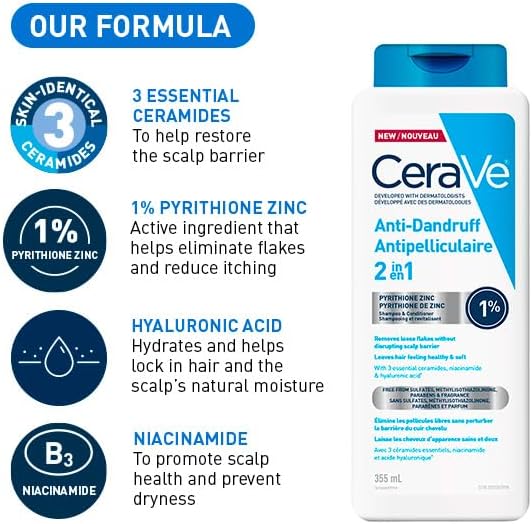 CeraVe Anti-Dandruff Hydrating Shampoo for Men & Women, Gently Cleanses Scalp & Hair While Reducing Flakes, Itchiness, and Irritation, Paraben-Free, Sulfate-Free, Suitable for All Hair Types. 355mL