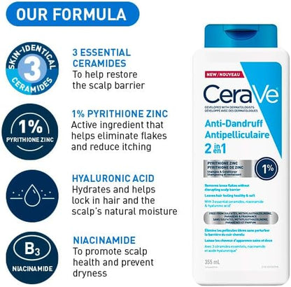 CeraVe Anti-Dandruff Hydrating Shampoo for Men & Women, Gently Cleanses Scalp & Hair While Reducing Flakes, Itchiness, and Irritation, Paraben-Free, Sulfate-Free, Suitable for All Hair Types. 355mL