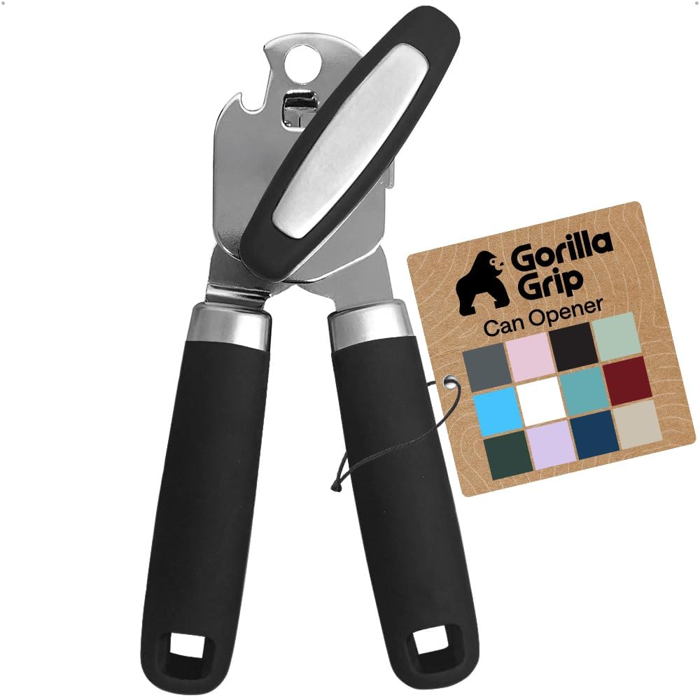 GORILLA GRIP Heavy Duty Handheld Manual Can Opener, Stainless Steel Bottle Lid Openers, Easily Open Cans, Sharp Blade Smooth Edge Cut, Easy Turn Knob for Senior Arthritis Hands, Kitchen Gadgets, Black