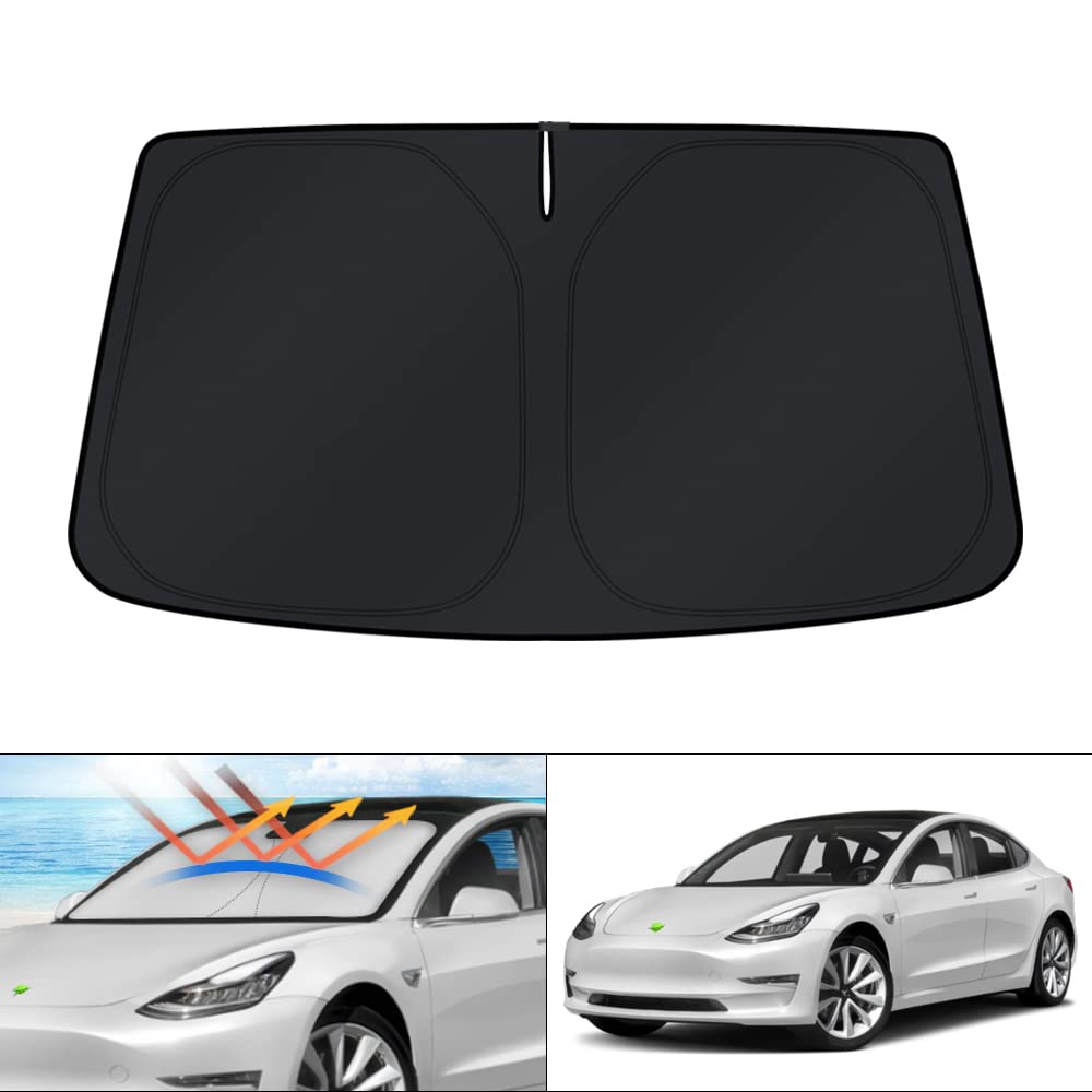 KUST Windshield Sun Shade for 2017-2026 Tesla Model Y/Model 3 Sunshade Accessories (Fit 2025-2026 Model Y Juniper / 2024 Model 3 Highland) Upgraded Foldable Sunshade, Blocks UV Rays Keep Car Cool