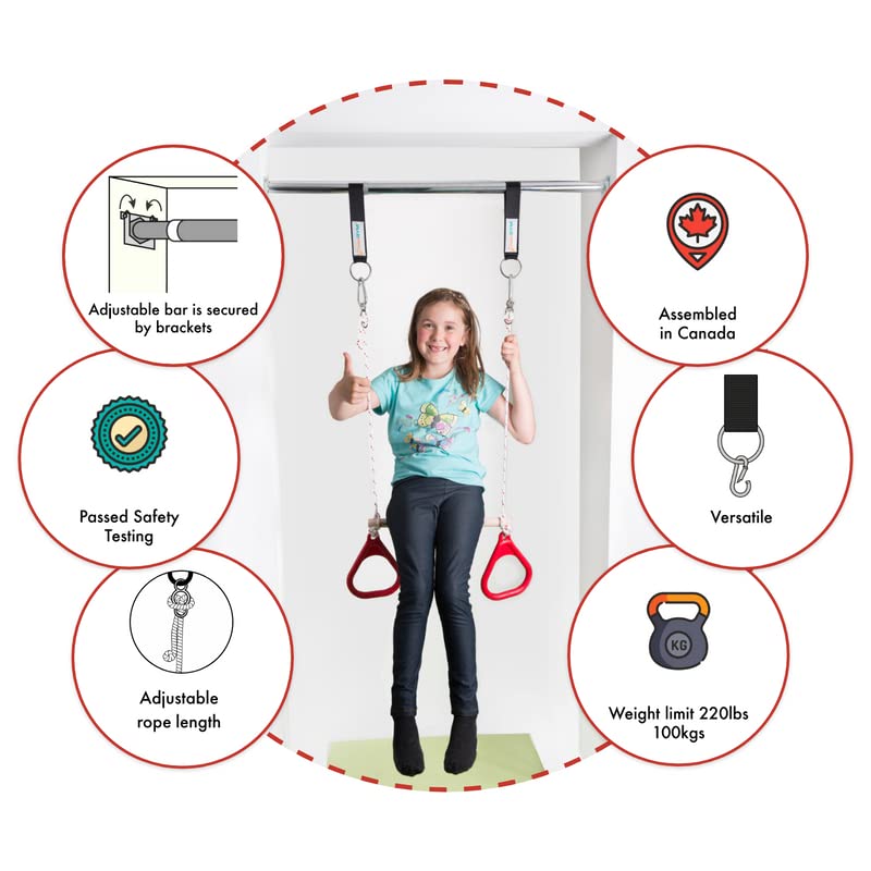 DreamGYM Türrahmen-Sensorik-Schaukel-Set – blaue Kompressionsschaukel und Trapezstange mit roten Turnringen Kombi