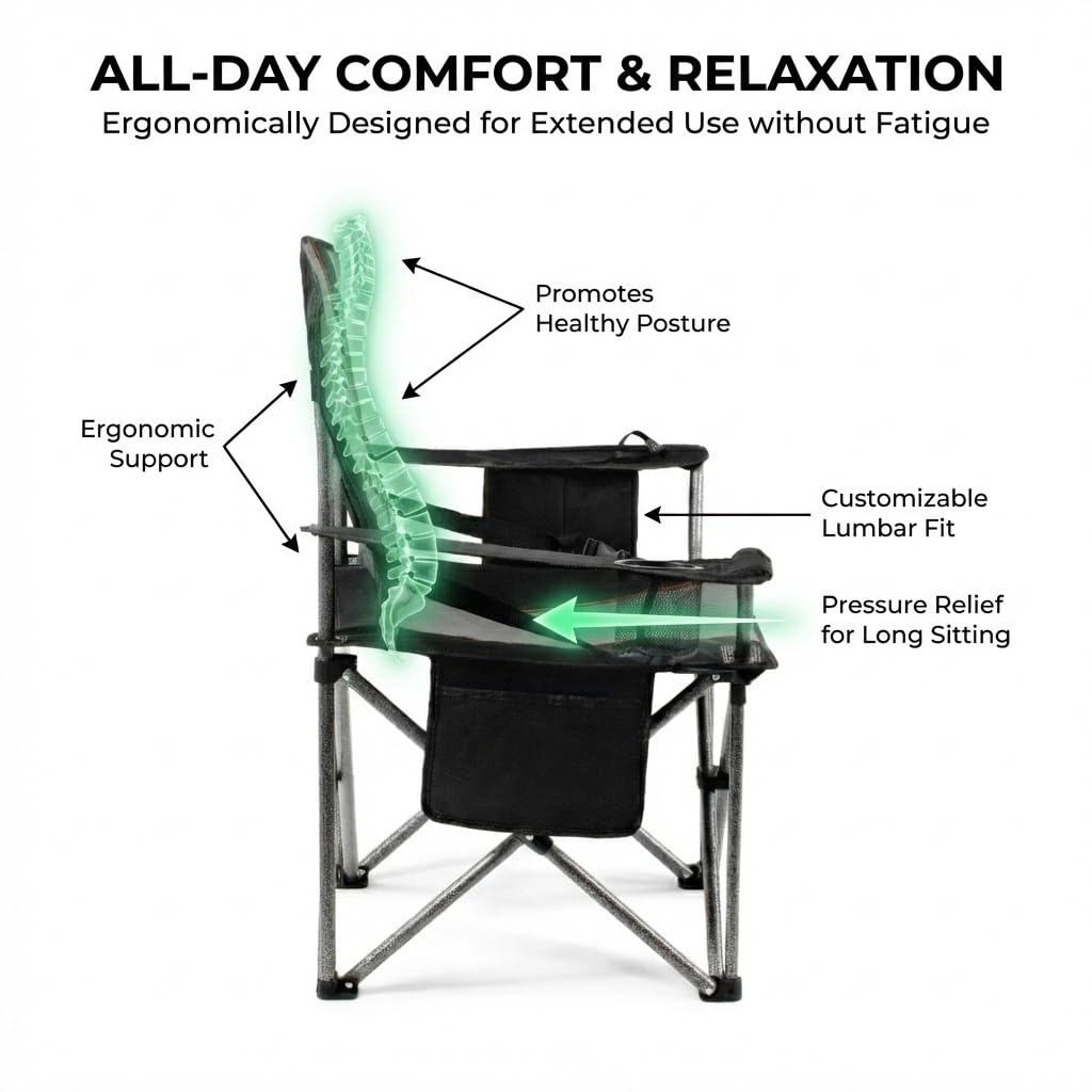 FAIR WIND Padded Camping Chair 500LBS Capacity Heavy Duty Oversized Folding Chair for Heavy People Portable Lawn Chair with Adjustable Lumbar Support, Cooler Bag & Cup Holder for Outdoor, Beach