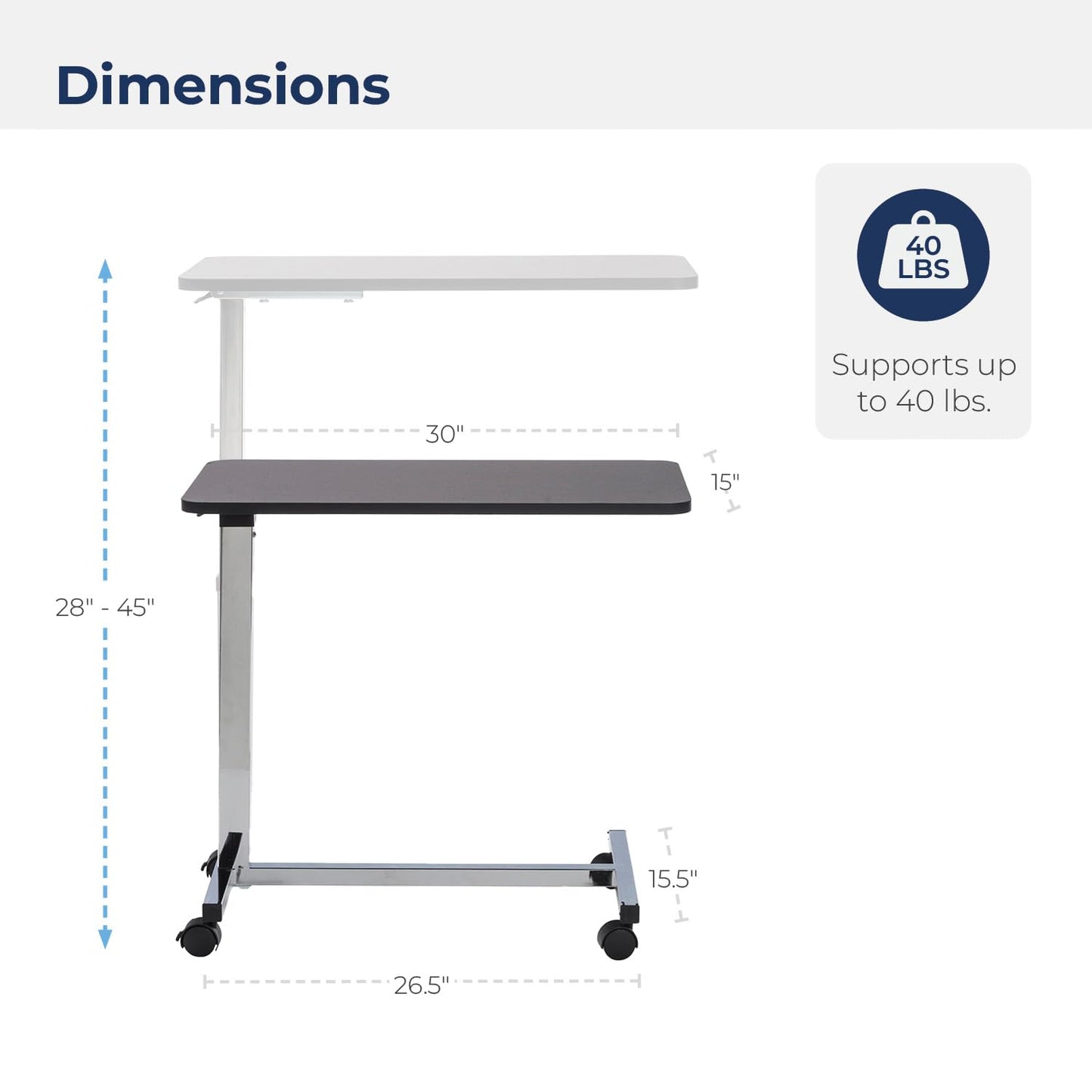 Drive Medical Overbed Table with Wheels - Secure Height Adjustment for Comfort - Non Tilt Surface - Smooth Rolling Design - Home & Hospital Use - Woodgrain Laminate Top - Silver Vein