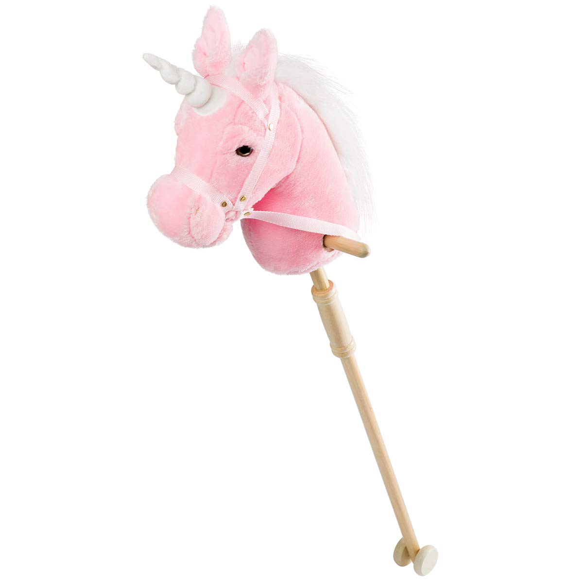 HollyHOME Plüsch Einhorn Steckenpferd mit Holzrädern Echten Pony Wiehern und Galoppieren Geräuschen Plüschtier Rosa 94 cm (AA Batterien Benötigt)