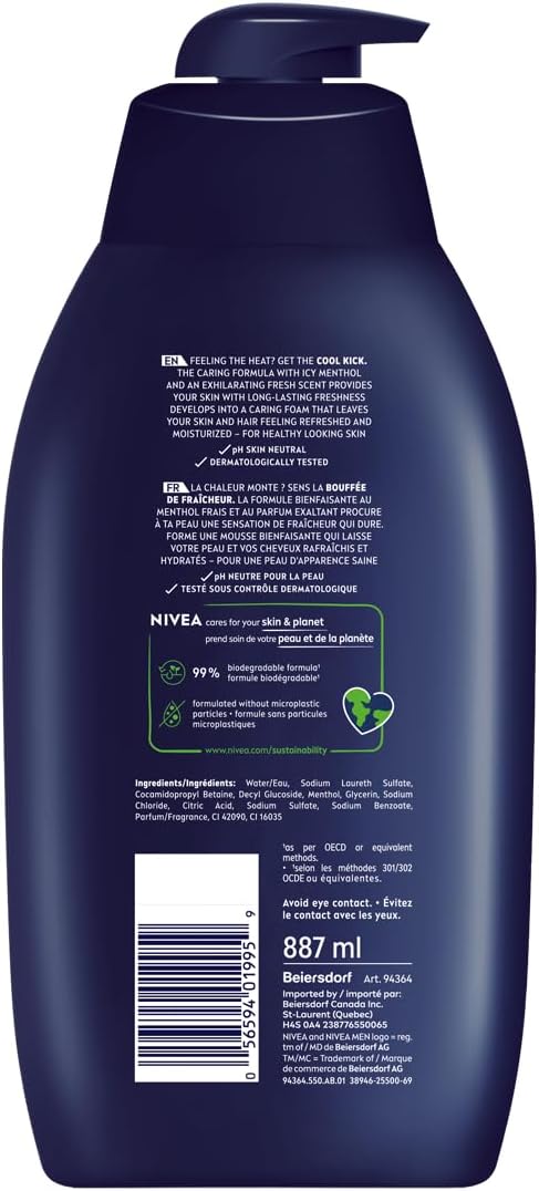 NIVEA MEN Cool Kick Duschgel | Herren Duschgel für Körper, Gesicht und Haar, 887 ml