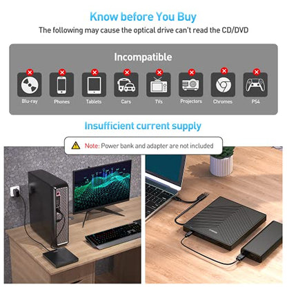 ORIGBELIE externes DVD-Laufwerk, CD-Laufwerk USB 3.0 Typ-C CD/DVD ROM +/-RW Adapter mit USB-Anschluss DVD-Brenner für Laptop, PC, Desktop-Computer, optisches Laufwerk CD-Player kompatibel mit Mac Windows Linux