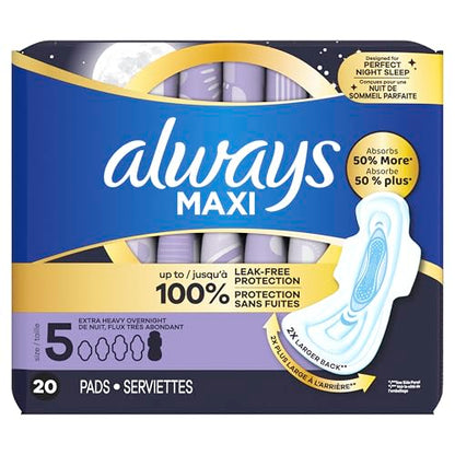 Always Maxi Overnight Damenbinden mit Flügeln, Größe 5, Extra Starker Auslaufschutz für die Nacht, Unparfümiert, 36 Stück