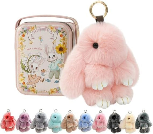 2026 New Bunny Keychain with Tin, Cute Soft Fuzzy Bunny Keychain with Tin Box, Rabbit Charm for Bags, Easter Gift