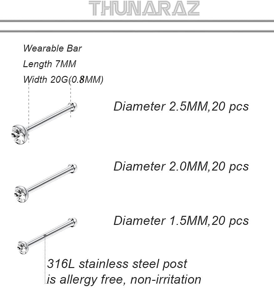 Thunaraz 60-120 Stück Edelstahl Nasenpiercing Ringe Stecker Körperschmuck 20G-22G 1.5mm 2mm 2.5mm