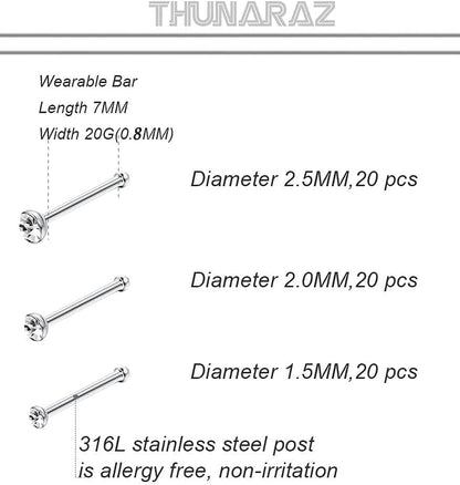 Thunaraz 60-120 Stück Edelstahl Nasenpiercing Ringe Stecker Körperschmuck 20G-22G 1.5mm 2mm 2.5mm