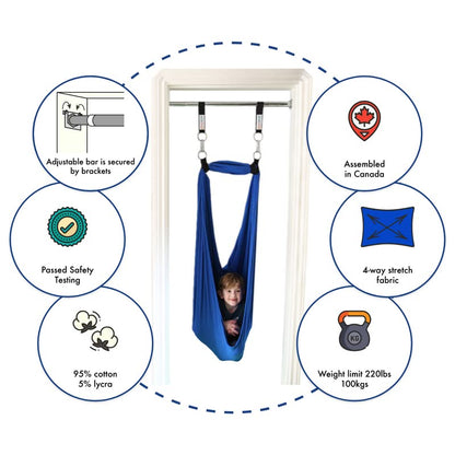 DreamGYM Türrahmen-Sensorik-Schaukel-Set – blaue Kompressionsschaukel und Trapezstange mit roten Turnringen Kombi