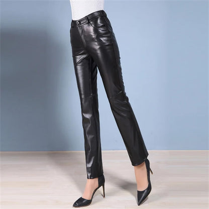 Womens Solid Straight Leather Pant Thick Sheepskin Zipper Slim Office Lady Trousers