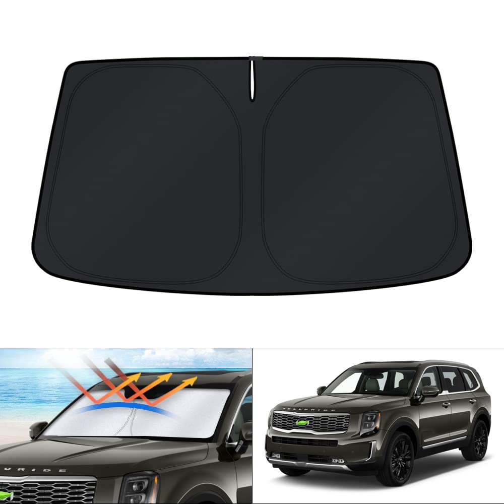 KUST Windshield Sun Shade for 2017-2026 Tesla Model Y/Model 3 Sunshade Accessories (Fit 2025-2026 Model Y Juniper / 2024 Model 3 Highland) Upgraded Foldable Sunshade, Blocks UV Rays Keep Car Cool