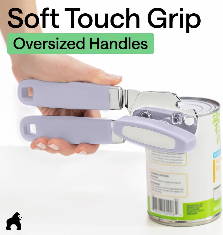 GORILLA GRIP Robuster manueller Dosenöffner, Flaschenöffner aus Edelstahl, öffnet Dosen mühelos, scharfe Klinge mit glattem Schnitt, leicht drehbarer Knopf für Senioren mit Arthritis, Küchenhelfer, Schwarz