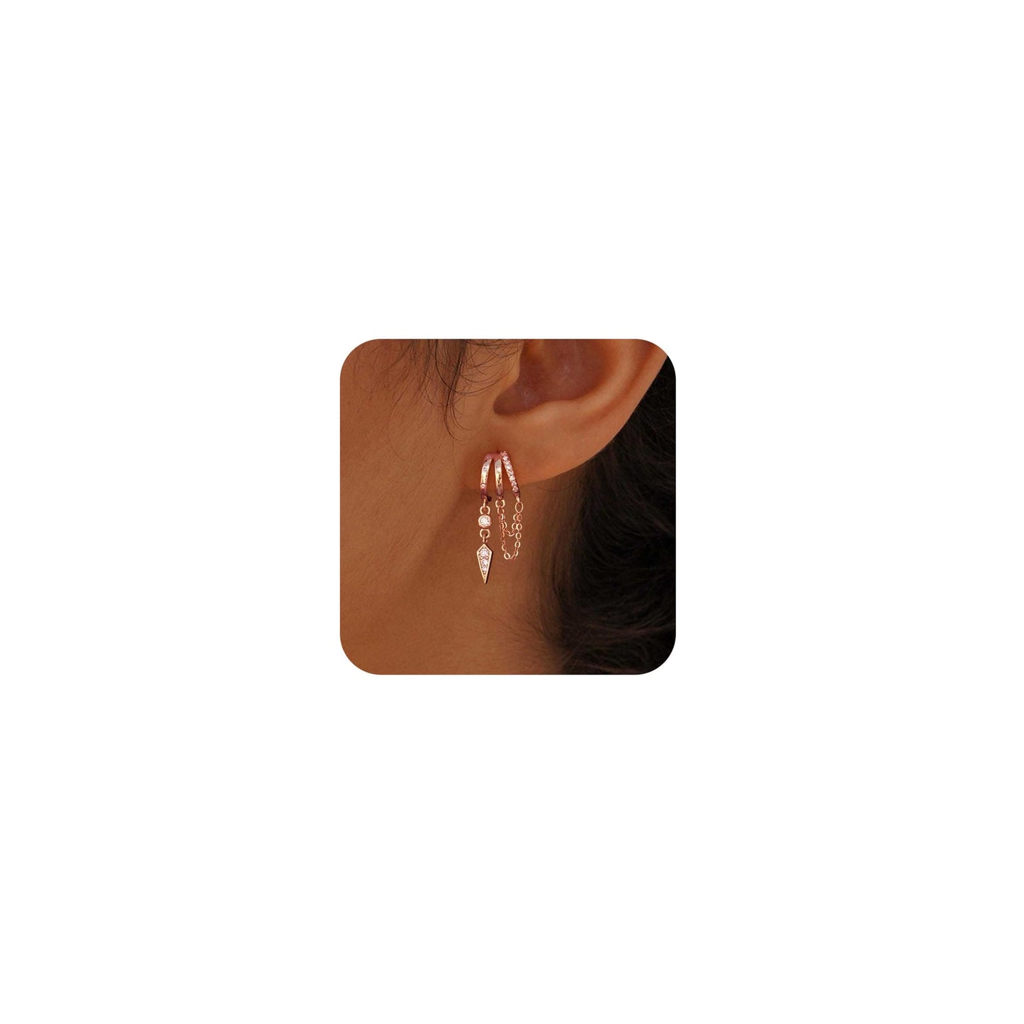 Dangle Earrings for Women,14k Gold Plated Triple Huggie Stud Earrings Cute Statement Chain Earring Dainty Drop Earrings for Women Trendy Gold Plated Jewelry