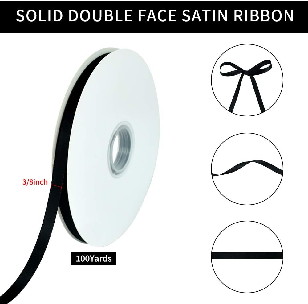 TONIFUL 3/8 Zoll x 100 Yards Schwarzes Satinband Dünnes, einfarbiges Stoffband auf Rolle zum Geschenkeverpacken, für Einladungen, Blumen, Haare, Ballons, Bastelarbeiten, Nähen, Party, Hochzeit, Halloween-Dekoration, Valentinstagsstrauß