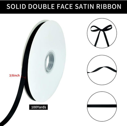 TONIFUL 3/8 Zoll x 100 Yards Schwarzes Satinband Dünnes, einfarbiges Stoffband auf Rolle zum Geschenkeverpacken, für Einladungen, Blumen, Haare, Ballons, Bastelarbeiten, Nähen, Party, Hochzeit, Halloween-Dekoration, Valentinstagsstrauß