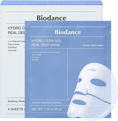 BIODANCE Hydro Cera-nol Real Deep Mask, Hydrogel Mask, Soothing, Moisturising, Nutritious, Korean Skin Care, 34 g x 4 PiecesBIODANCE Hydro Cera-nol Real Deep Mask, Hydrogel Mask, Soothing, Moisturising, Nutritious, Korean Skin Care, 34 g x 4ea