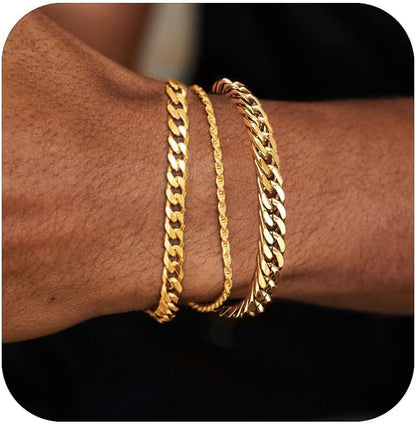 3 Stück Herren Silber Armbänder, robustes Curb Edelstahl Breite Schlangenkette Figaro Cuban Armband Set 7/7.8+1.2 Zoll verstellbares Stapel-Silberkettenarmband für Männer