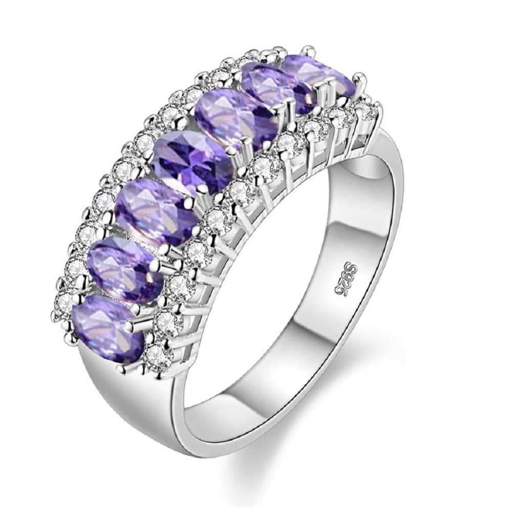 Uloveido Women's Gold Plated 7 Stones Eternity Band Ring Half Moon Design Wedding Bands with Oval CZ J501