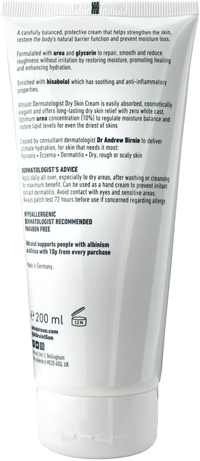 ALTRUIST. Dermatologist Dry Skin Repair Cream 10% Urea – Medical grade moisturiser with Glycerin and Urea by Dr Andrew Birnie, suitable for sensitive skin – 200 ml