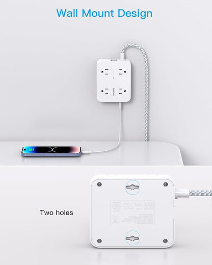 Surge Protector Power Bar - 8 Outlets 4 USB Charging Ports(2 USB C), Power Strip with 5Ft Braided Extension Cord, Flat Plug, Wall Mount Desk USB C Charging Station for Home Office College Essentials