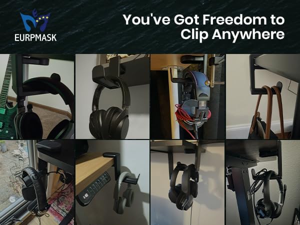 PC Gaming Headset Kopfhörerhakenhalterung, Kopfhörerständer mit verstellbarer und drehbarer Armklemme, Untertischdesign, universelle Passform, integrierter Kabelclip-Organizer EURPMASK