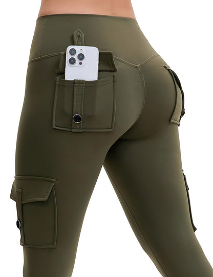 AEEZO Damen-Fleece-Cargo-Leggings mit Taschen, Thermohose, Po-Lifting, verdeckte Scrunch, für kaltes Wetter, Yogahose
