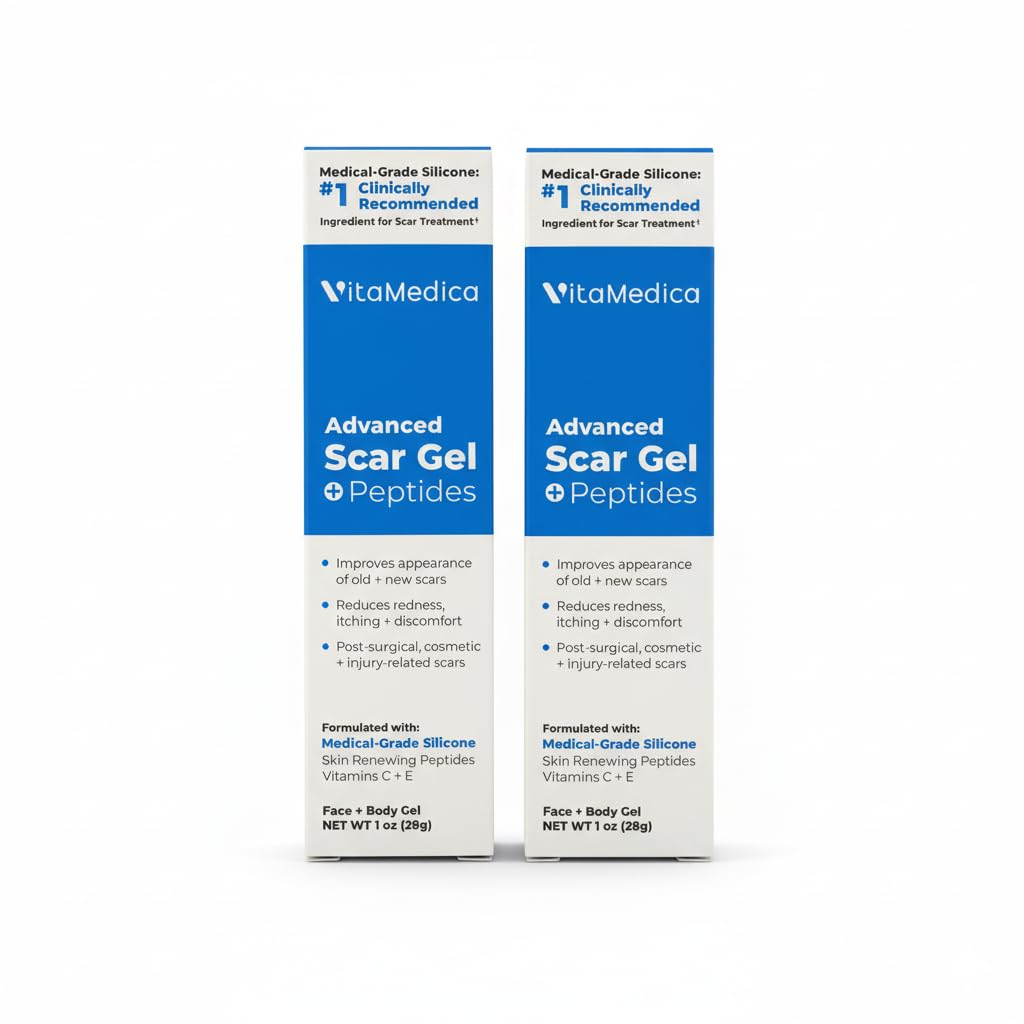 VitaMedica Scar Gel + Peptides - Medical Grade Silicone Scar Gel for Old & New Scars, Acne, Surgical, Burn & Keloid, Helps Reduce Redness & Itching, Face & Body, 2-Pack