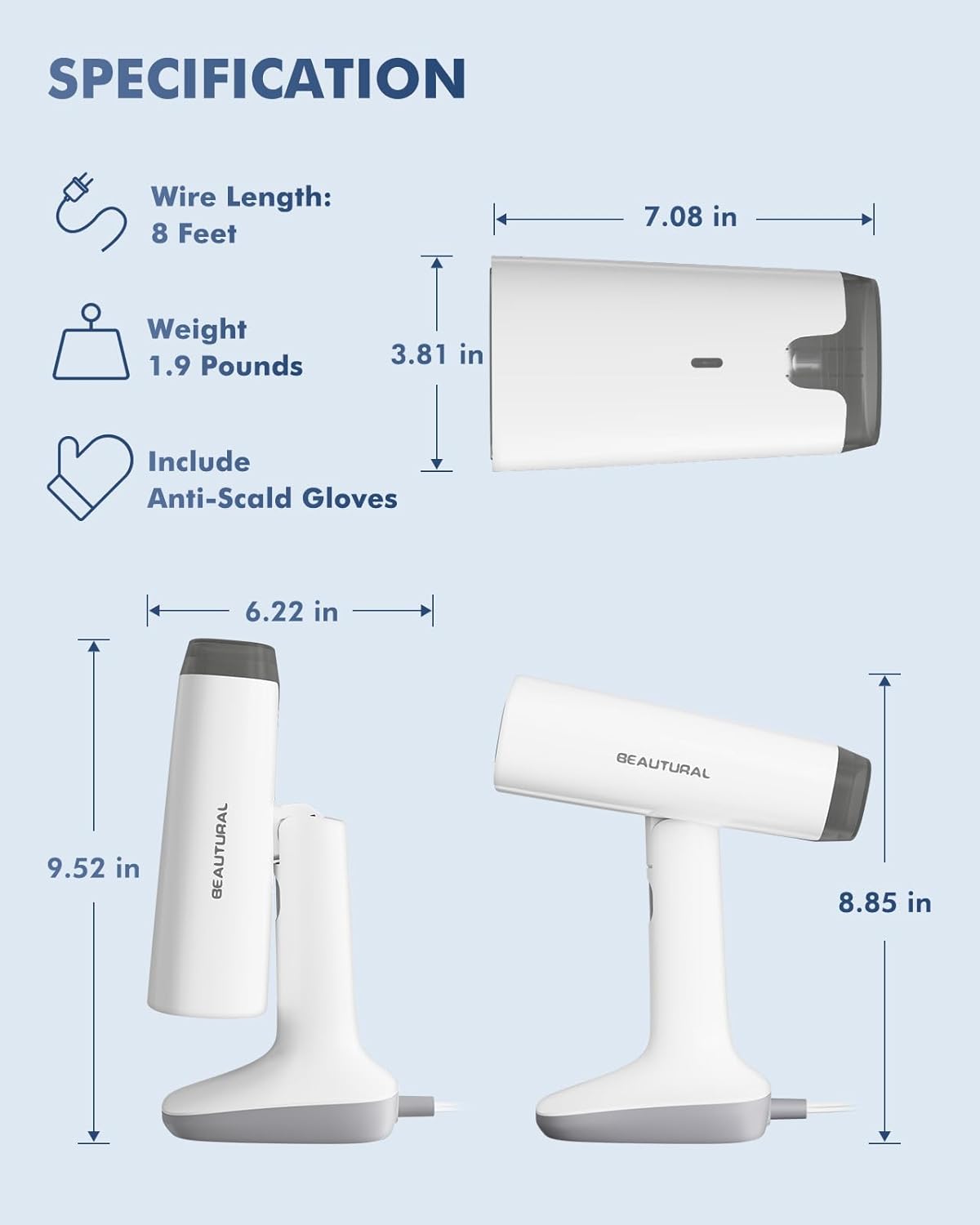 BEAUTURAL 1200-Watt Handheld-Dampfglätter für Kleidung, 30 Sekunden Aufheizzeit, 260 ml Wassertank, Aqua