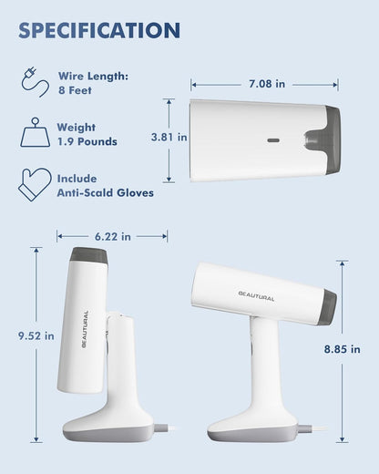 BEAUTURAL 1200-Watt Handheld-Dampfglätter für Kleidung, 30 Sekunden Aufheizzeit, 260 ml Wassertank, Aqua