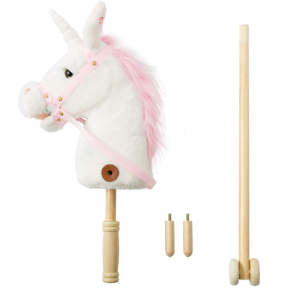 HollyHOME Plüsch Einhorn Steckenpferd mit Holzrädern Echten Pony Wiehern und Galoppieren Geräuschen Plüschtier Rosa 94 cm (AA Batterien Benötigt)