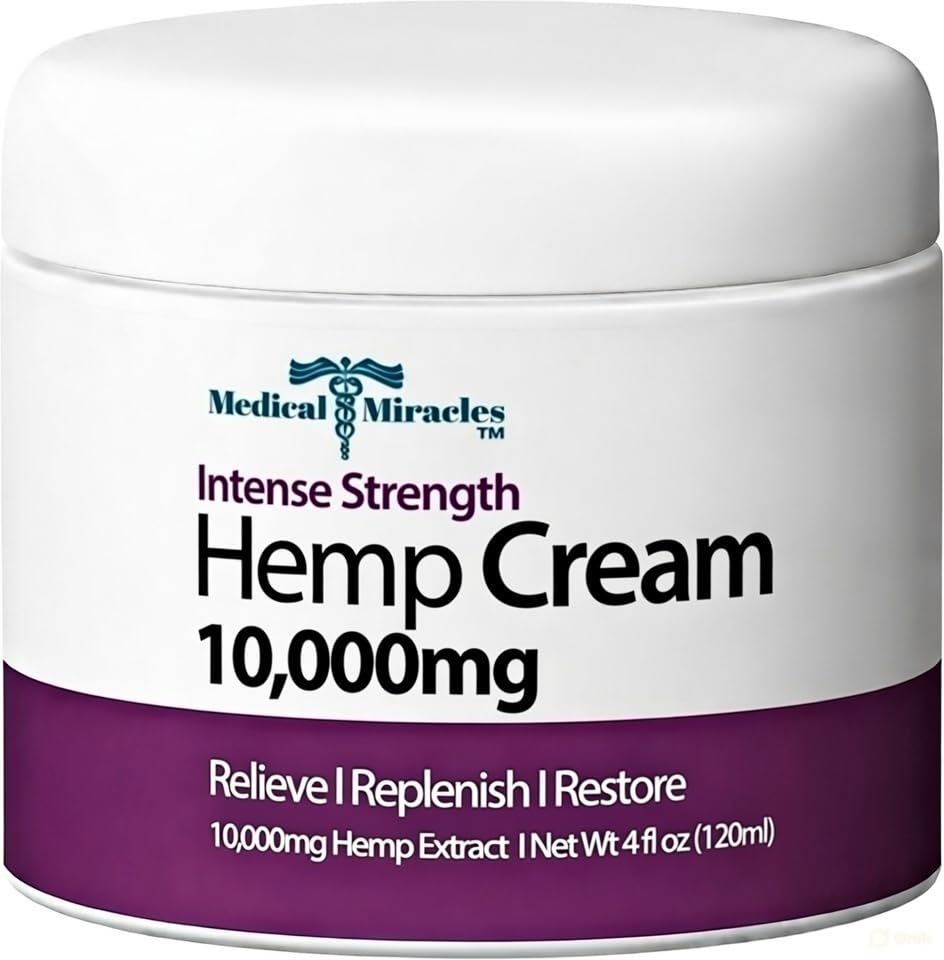 Medical Miracles 10,000mg Hemp Cream - High Potency Topical Formula - 4oz (120ml) Jar - Fast-Absorbing & Non-Greasy Moisturizing Cream with Natural Botanicals