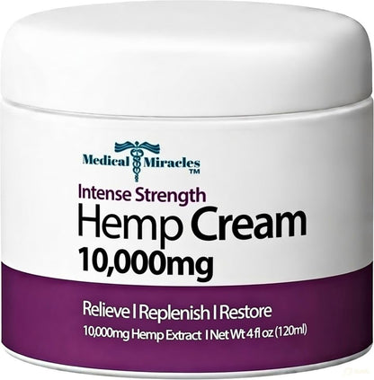 Medical Miracles 10,000mg Hemp Cream - High Potency Topical Formula - 4oz (120ml) Jar - Fast-Absorbing & Non-Greasy Moisturizing Cream with Natural Botanicals