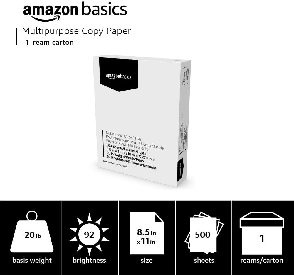 Amazon Basics Mehrzweck-Kopierpapier, 21,6 x 27,9 cm, 75 g/m², 3 Ries, 1500 Blatt, 92 Helligkeit, Weiß