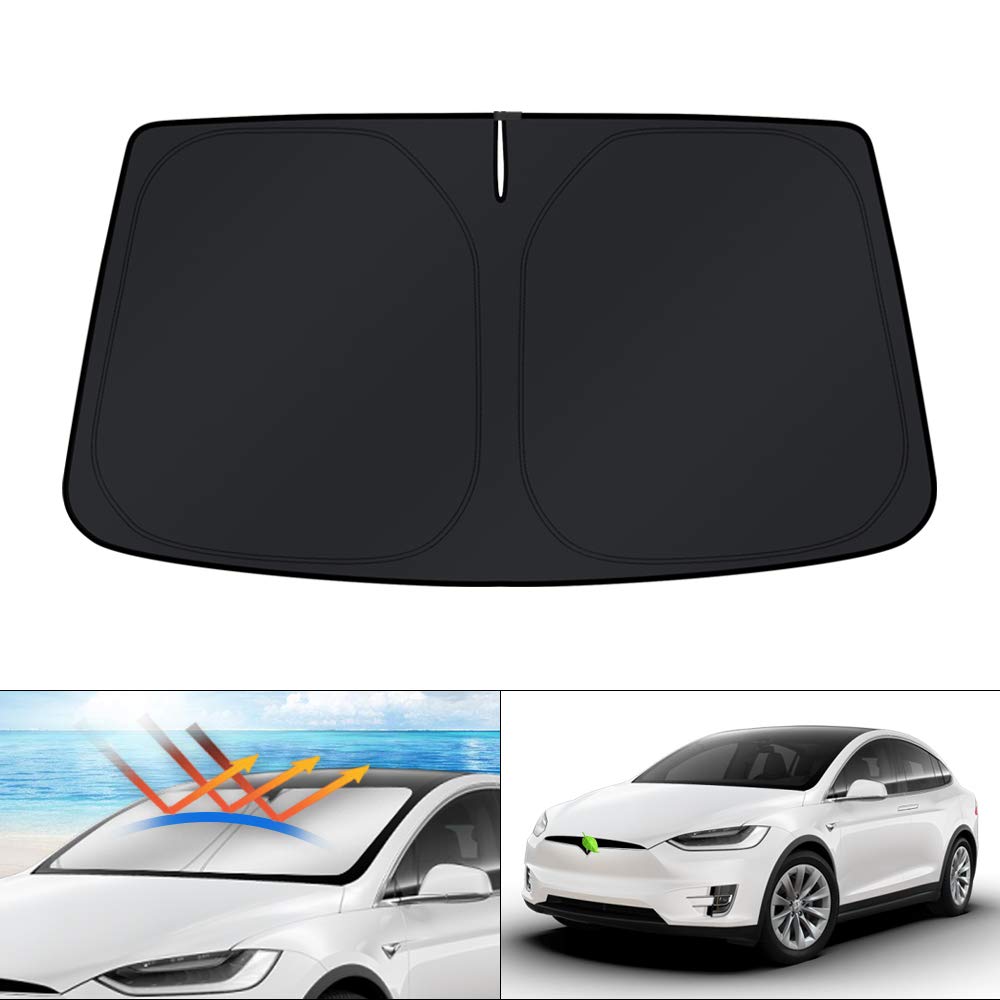 KUST Windshield Sun Shade for 2017-2026 Tesla Model Y/Model 3 Sunshade Accessories (Fit 2025-2026 Model Y Juniper / 2024 Model 3 Highland) Upgraded Foldable Sunshade, Blocks UV Rays Keep Car Cool