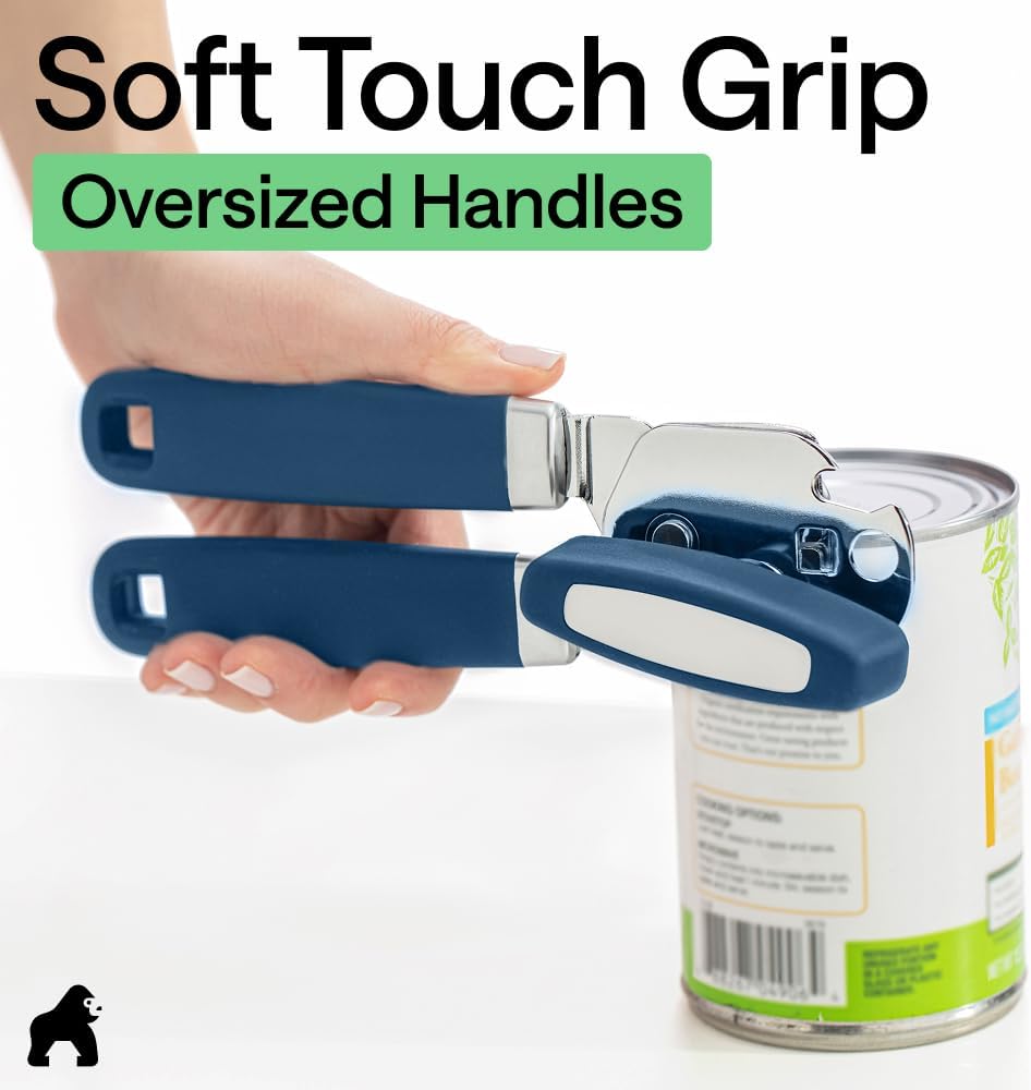 GORILLA GRIP Robuster manueller Dosenöffner, Flaschenöffner aus Edelstahl, öffnet Dosen mühelos, scharfe Klinge mit glattem Schnitt, leicht drehbarer Knopf für Senioren mit Arthritis, Küchenhelfer, Schwarz