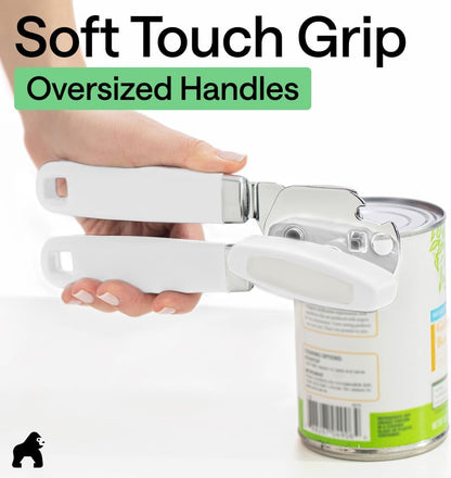 GORILLA GRIP Robuster manueller Dosenöffner, Flaschenöffner aus Edelstahl, öffnet Dosen mühelos, scharfe Klinge mit glattem Schnitt, leicht drehbarer Knopf für Senioren mit Arthritis, Küchenhelfer, Schwarz
