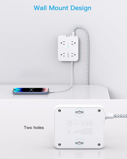 Surge Protector Power Bar - 8 Outlets 4 USB Charging Ports(2 USB C), Power Strip with 5Ft Braided Extension Cord, Flat Plug, Wall Mount Desk USB C Charging Station for Home Office College Essentials