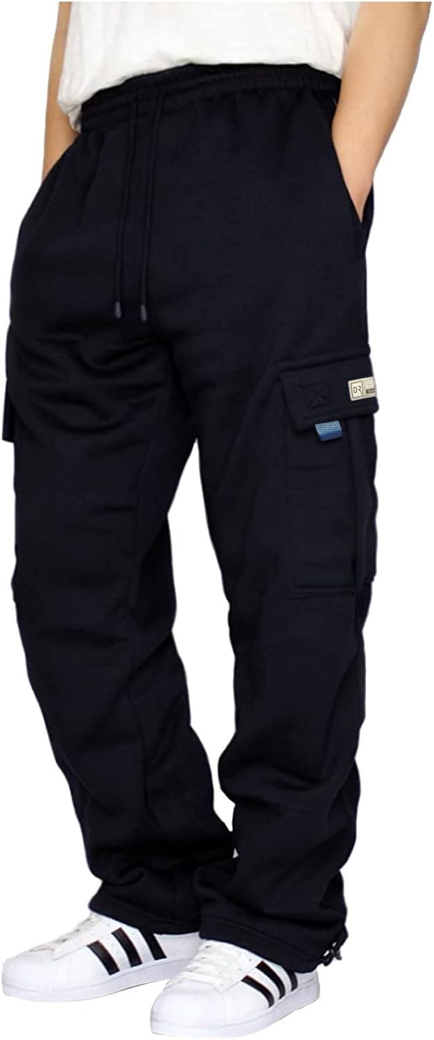 Herren Fleece Cargo Hose Dicke Sweatpants Freizeithose Loose Sports Jogginghose mit Taschen