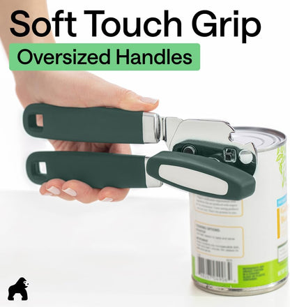 GORILLA GRIP Robuster manueller Dosenöffner, Flaschenöffner aus Edelstahl, öffnet Dosen mühelos, scharfe Klinge mit glattem Schnitt, leicht drehbarer Knopf für Senioren mit Arthritis, Küchenhelfer, Schwarz