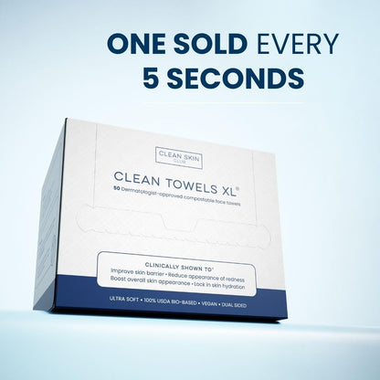 Clean Skin Club Clean Towels XL®, 100% USDA Biobased Gesichts-Handtuch, Einweg-Gesichts-Tuch, von der Eczema Association akzeptiert, Make-up-Entferner Trockentücher, ultraweich, 1 Packung, 50 Stück